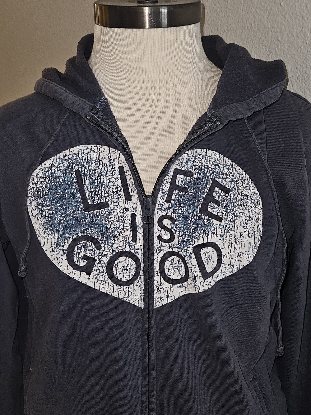 Life Is Good Navy Zip Hoodie with Heart Graphic